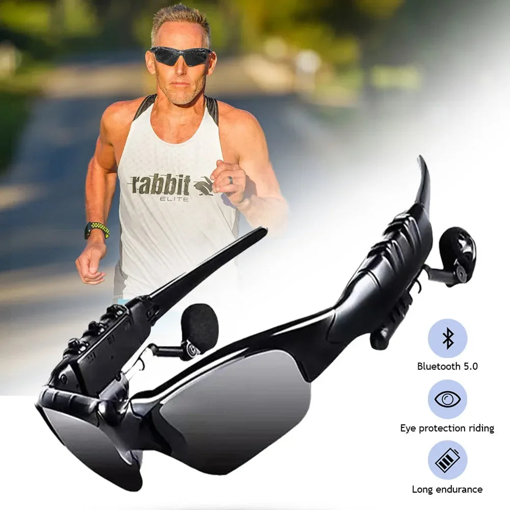 Bluetooth 5.0 sunglasses with speakers featuring black frame and tinted lenses for outdoor sports