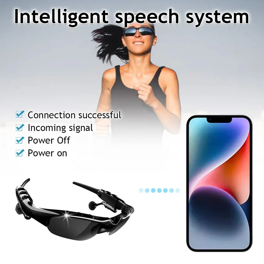 Bluetooth 5.0 sunglasses with speakers featuring intelligent speech system and smartphone connection