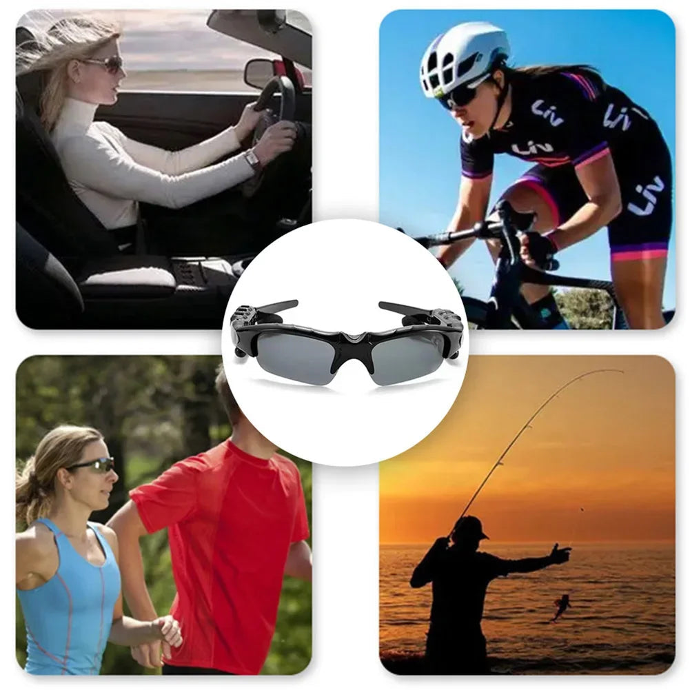 Bluetooth 5.0 sunglasses with speakers showing people driving, cycling, jogging, and fishing outdoors