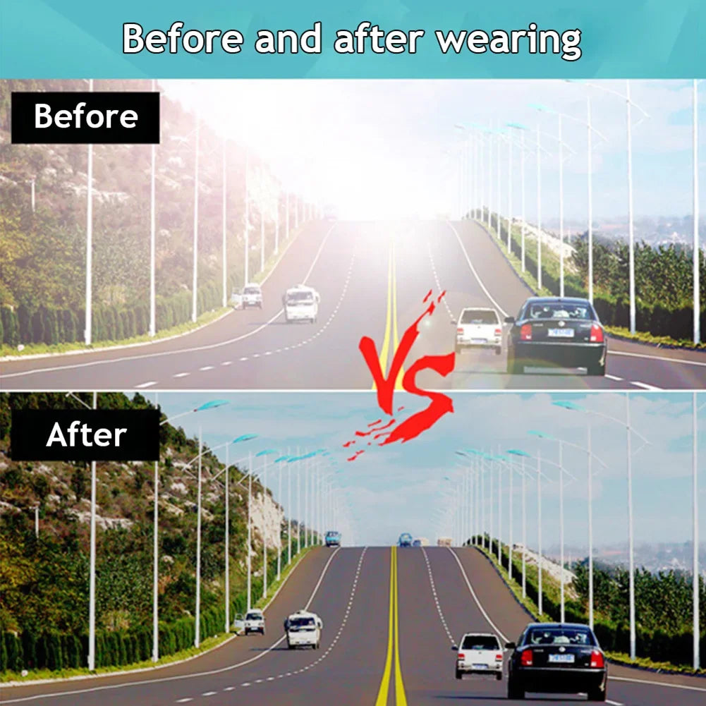 Before and after view showing clear vision improvement wearing Bluetooth 5.0 sunglasses with speakers on a highway