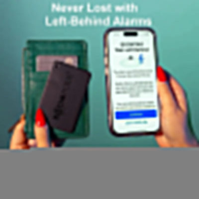 StorePilot wallet tracker with GPS held next to a smartphone showing left-behind alarms app interface