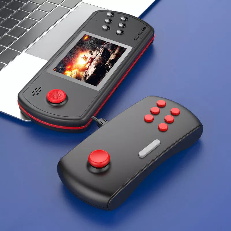 Handheld retro gaming console with screen and detachable controller showing a tank game next to a laptop