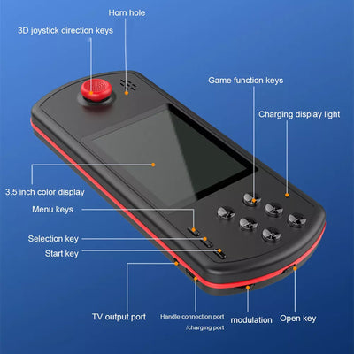 Handheld retro gaming console with 3D joystick, 3.5 inch color display, multiple game function keys, and TV output port