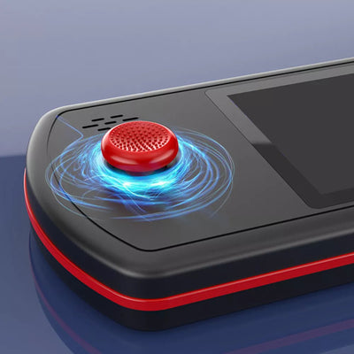 Close-up of handheld retro gaming console joystick with red top and black body with red stripe