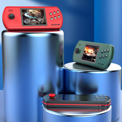 Handheld retro gaming console in red, green, and black colors displayed on metallic pedestals