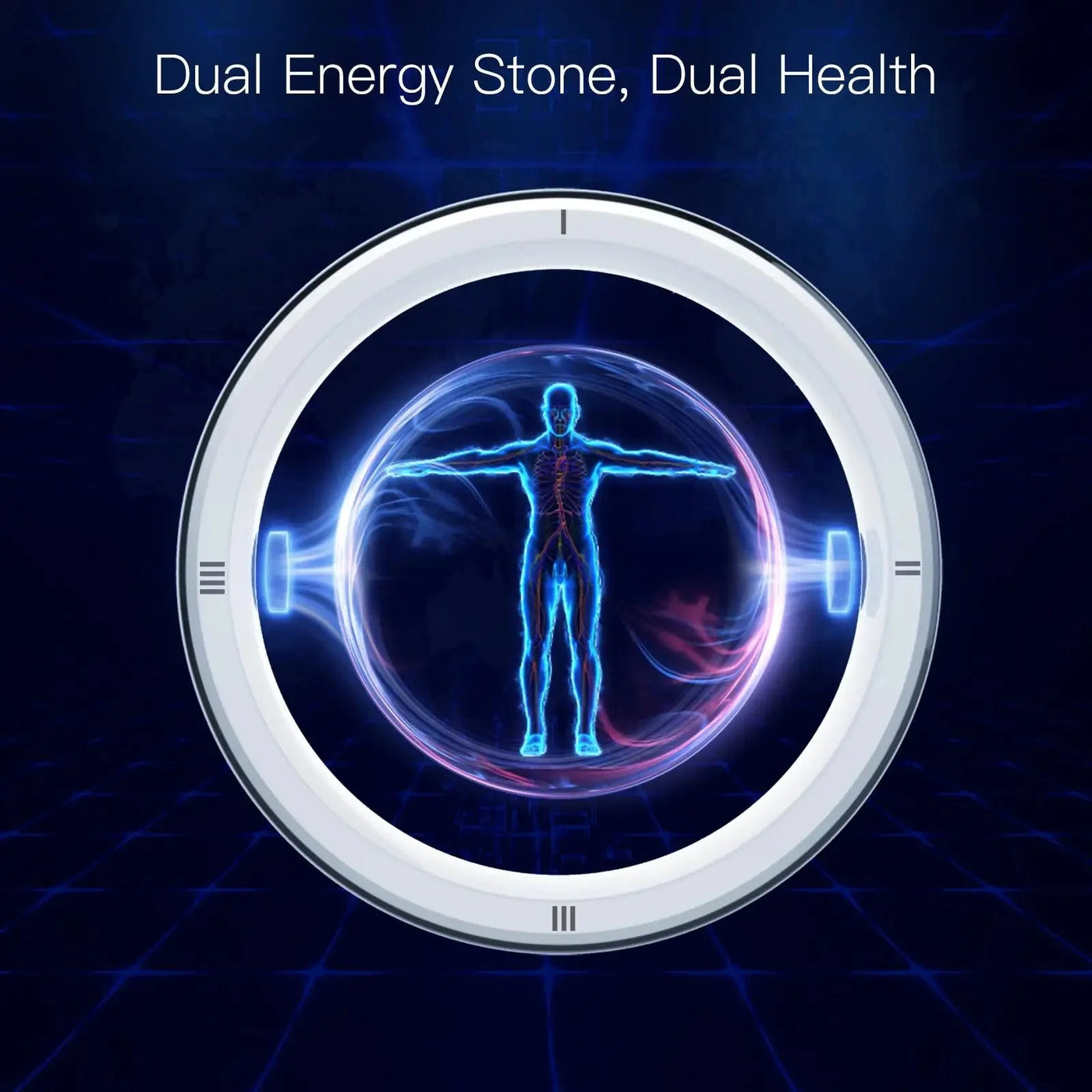Smart health ring for energy featuring dual energy stone technology with human energy field illustration
