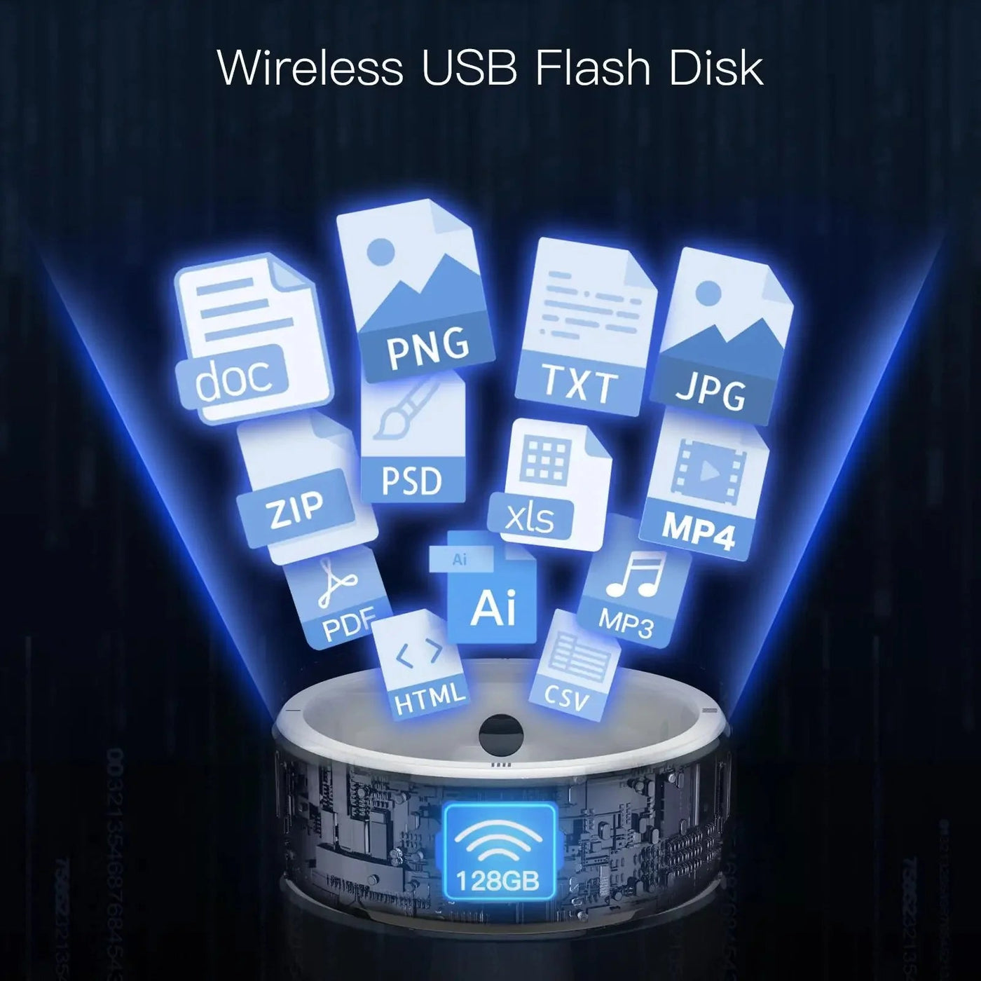 Wireless USB flash disk with 128GB storage and multiple file format icons floating above
