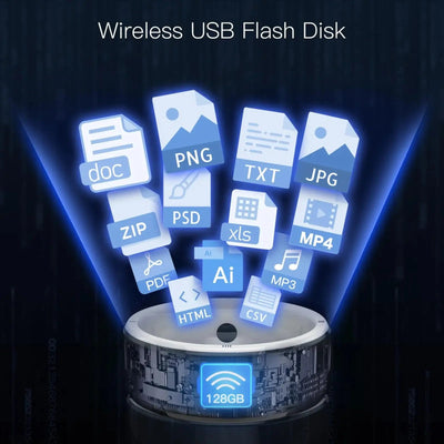 Wireless USB flash disk with 128GB storage and multiple file format icons floating above