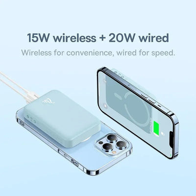 Wireless portable charger Apple 14 connected to smartphone showing 15W wireless and 20W wired charging