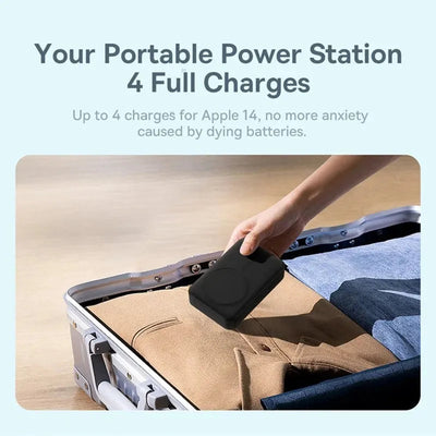Wireless portable charger Apple 14 being packed into suitcase for on-the-go phone charging