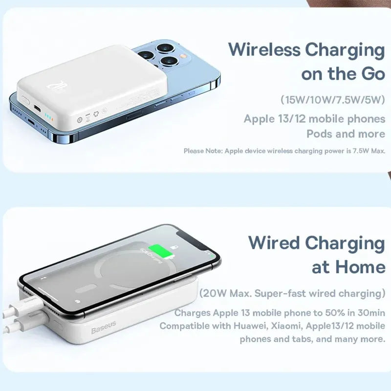 Wireless portable charger Apple 14 charging an iPhone with wireless and wired charging options